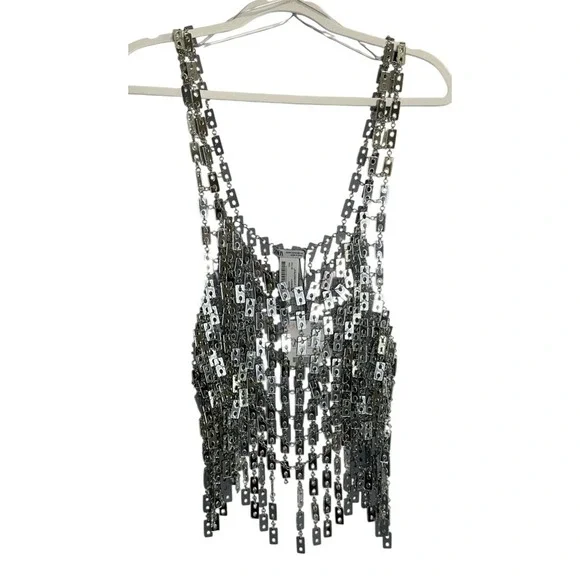 NEW FLAWED GEM Zara Silver Rectangular Mirror Metallic Round Neck Tank Top NYE M - Picture 2 of 7